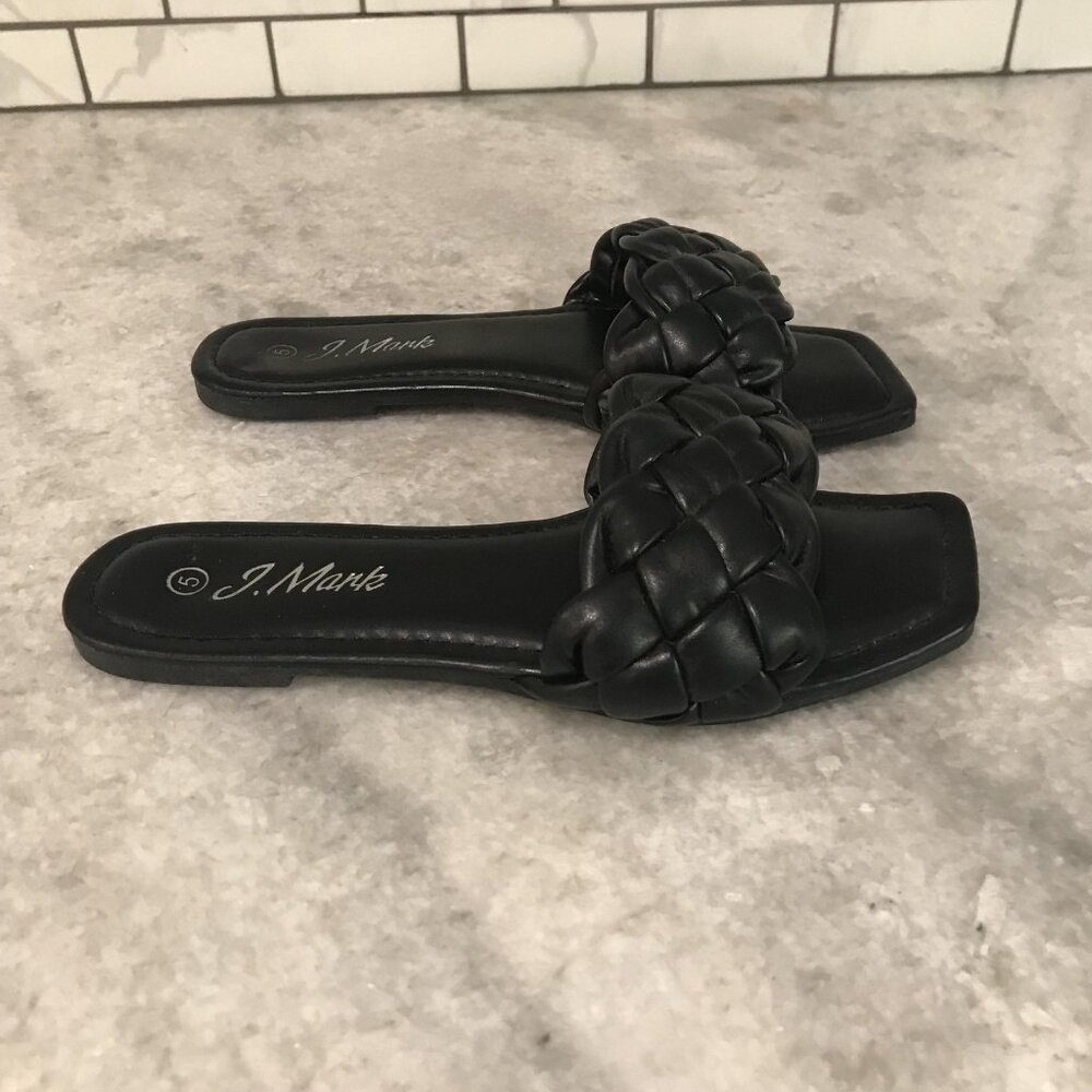 J Mark Shoes Womens Size 5 Black Braided Slip On Slide Sandals Square Toe Flats